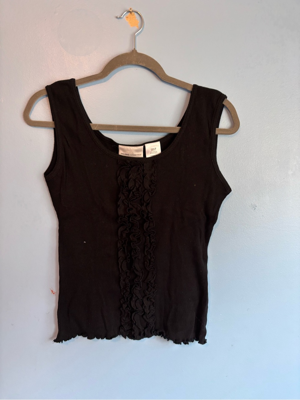 Vintage Black Ribbed Tank Top with Front Ruffle Trim